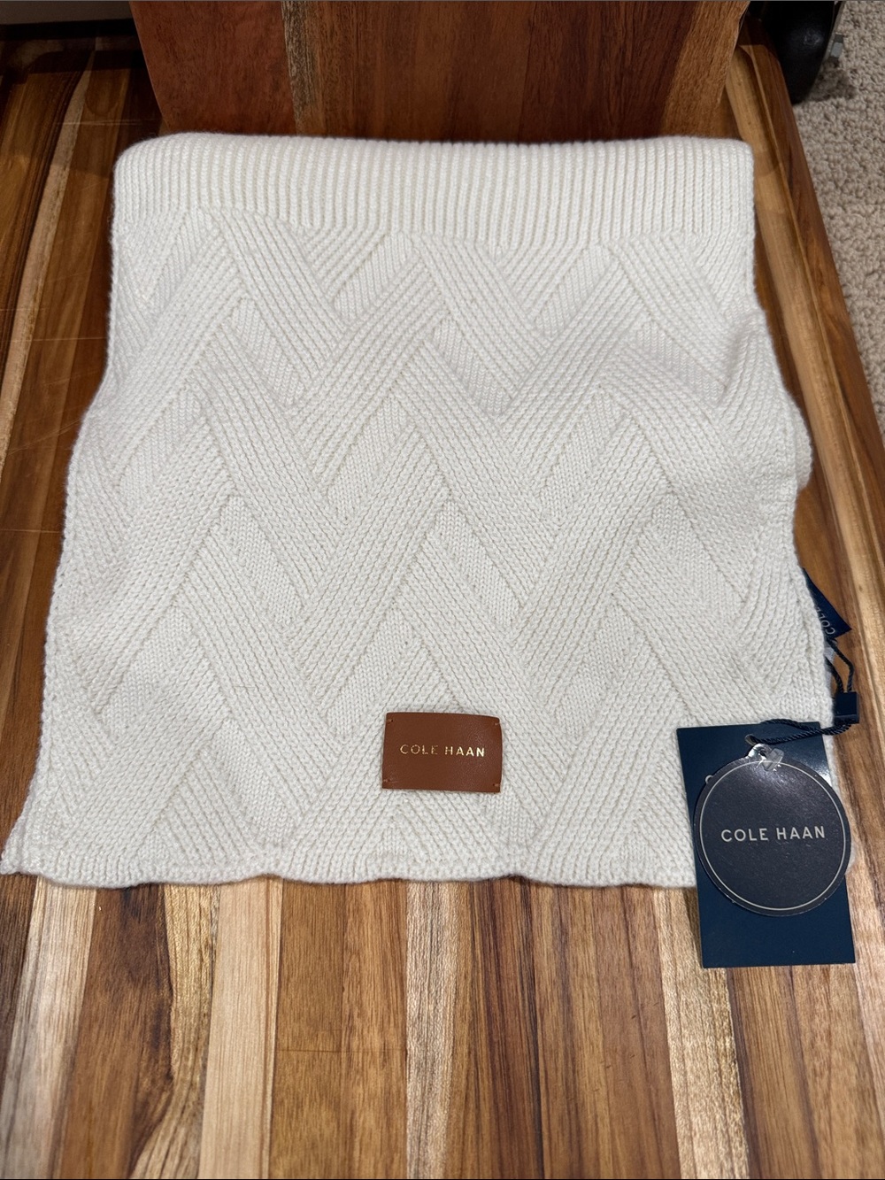 Cole Haan Cream Knit Scarf with Leather Logo Patch